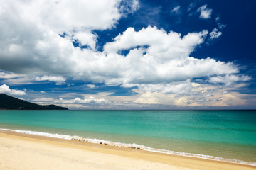 Beautiful beach with blue sky at Mai khao beach, Phuket, Thailand.
