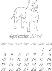Creative vector hand drawn doodle monthly english calendar template for year 2018 with illustration of different dogs pedigrees. Lettering, typeface. September, bull terrier. Editable.