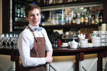 Barman at work in pub,Portrait of cheerful barman worker standing