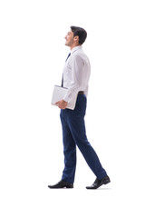 Fototapeta premium Businessman walking standing side view isolated on white backgro
