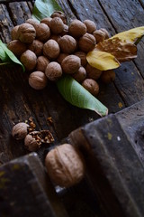 Table Clamp breaks walnut, covered yellow and green leaves with walnuts on a wooden table