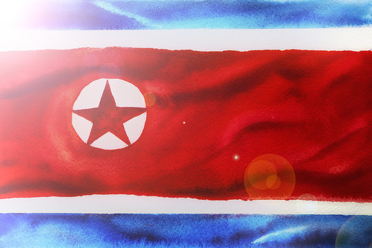 Flag of North Korea painted watercolor on watercolor invoice paper. Free lines, the absence of even edges, and chiaroscuro.