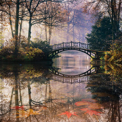 Obrazy  Wschód słońca złote sceny jesień w parku, z mostem nad stawem i liśćmi pod wodą, promienie słoneczne wpadające przez drzewa i poranną mgłę.