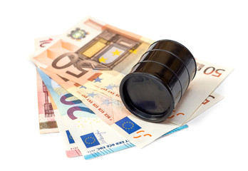 Oil barrels with euro on white.