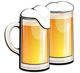 Light beer in glass mugs.