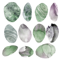 Watercolor illustration. Set of transparent stones of tender green and gray shades