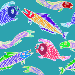 Funny colorful Lophius piscatorius (angler), pike, eel fishes, hand drawn doodle, sketch in naïve, pop art style, white outline, seamless pattern design on green background