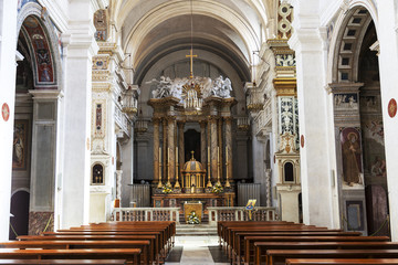 The interior of the Church Trinita dei Monti atop the Spanish steps in Rome. It is located on the very top of the Pinchio hill. Italy