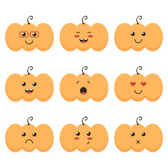Cute halloween cute pumpkin emoji, emoticon set isolated on white background.