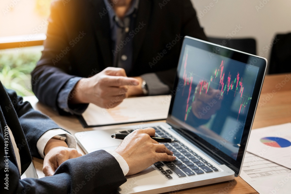 Poster finance trade manager showing reports screen analysis finance currency data on stock trade graph on 