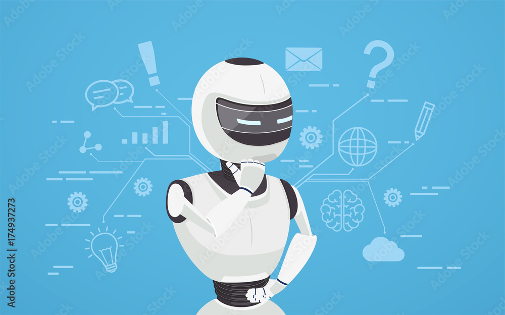 Aufkleber chat bot thinks, virtual robot assistance. concept of chat bot, a virtual online assistant.