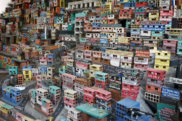 RIO DE JANEIRO, BRAZIL - JUNE 1, 2016: Miniature depiction of a colorful favela community, part of...
