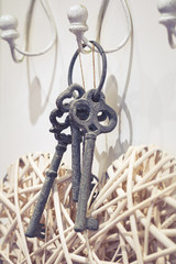 Vintage keys hang on hook