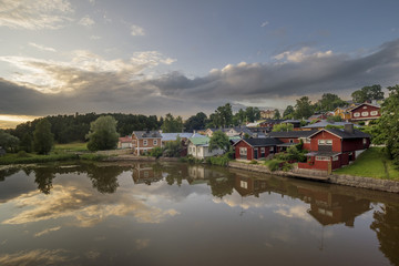 Beautiful view of Porvoo, Finland, at sunset, on the river Porvoonjoki