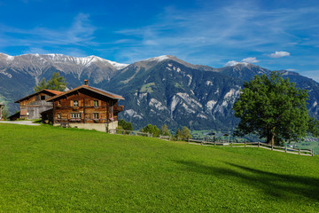 altes, freistehendes Holzhaus auf Bergweide (Alm, Bauernhof; bei Präz (CH, Graubünden) mit Blick auf Fulhorn, Stätzerhorn, Piz Scalottas
