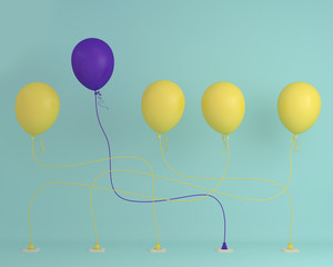 Outstanding purple balloon in air one different idea from balloon yellow the others on blue pastel background, Minimal concept idea.