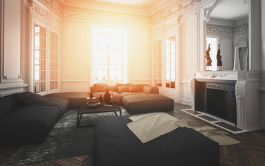 Cozy living room interior lit by a warm glow