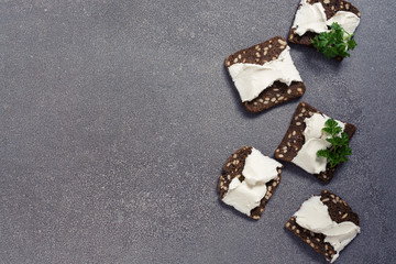 Crackers with spices and cheese on a gray background. Italian rye crackers. View from above