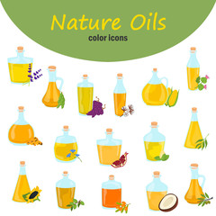 Set of different natural oils bottles color flat icons