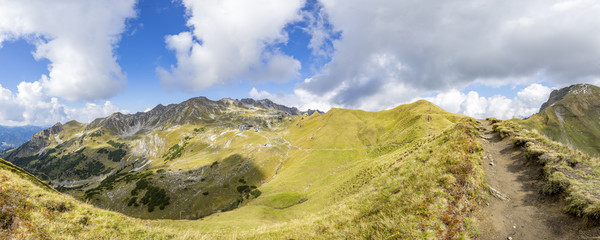 Panorama from Zeigersattel to Hoefats Station and TopStation of  Nebelhorn Mountain / Bavaria