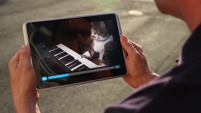 A man holding a tablet PC watches a viral video of a funny cat playing a keyboard or electric organ.	