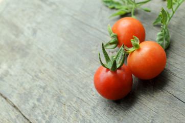 three tomato vegetable raw food and leaf on wooden backgrounds with copy space for text