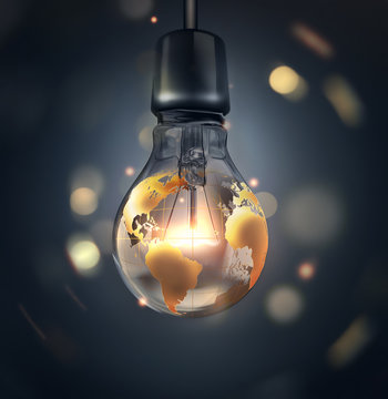 glowing light bulb with a world map