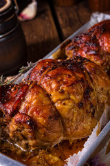 small Rolling roasts fully with dried fruit and bacon