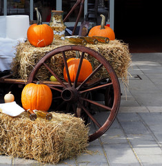 Orange pumpkins and white wine bottles on hay bales with an old wooden wheel