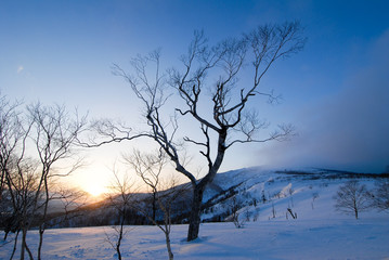 冬の道東　夕暮の藻琴山（北海道）