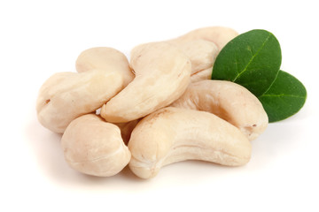 cashew nuts with leaf isolated on white background. macro