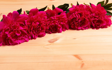 Floral border with red peonies on wooden background