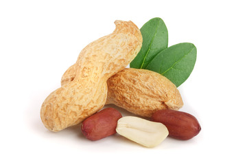 peanuts with leaf isolated on white background