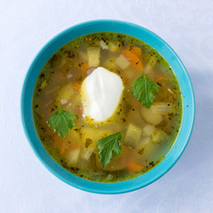 Traditional Russian food - soup rassolnik Traditional Russian food - soup rassolnik with sour cream