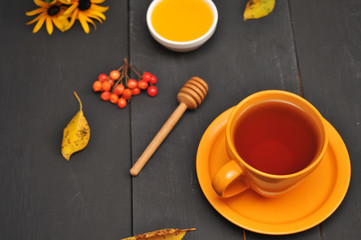 Obraz na płótnie Canvas Autumn still life cup of tea, honey and book on the table