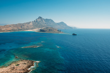 Top view of turquoise water at Balos Lagoon and Gramvousa in Crete, Greece