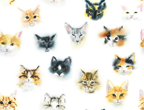 Seamless pattern with cats. Watercolor hand drawn illustration