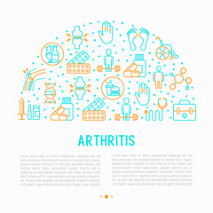 Fototapeta na wymiar Arthritis concept in circle with thin line icons of symptoms and treatments: pain in joints, obesity, fast food, alcohol, medicine, wheelchair. Vector illustration for banner, web page, print media.