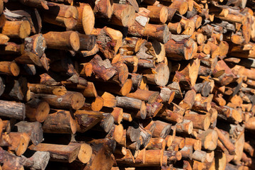 Firewood stacked and prepared for winter Pile of wood logs