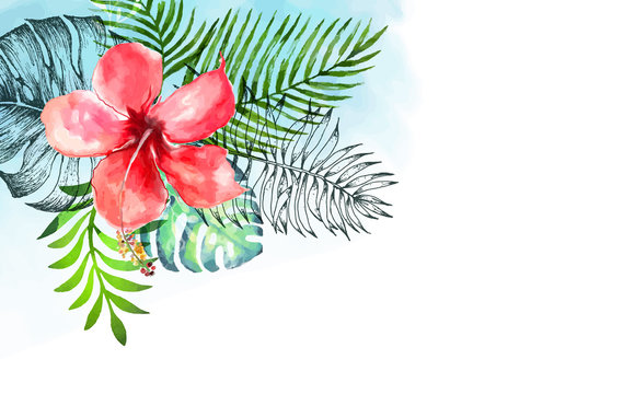 Hand drawn watercolor tropical plants
