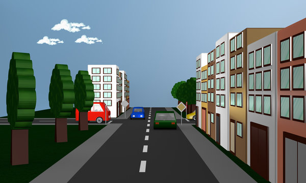 Straßenszene mit Autos, Häusern und dem  Verkehrsschild Vorfahrtsstraße.