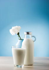 Obraz na płótnie Canvas Jar and glass of milk, front view