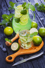 lemonade mojito in a glass on a black wooden background