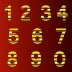 A complete set of gold  3D numbers cut into straight strips. The edges of the numbers are rounded. Font is isolated by a dark red background.  Vector illustration.