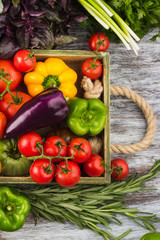 Set of different fresh raw colorful vegetables in the wooden tray