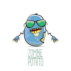 vector funny cartoon cute blue zombie potato isolated on white background. Halloween monster vegetable funky character