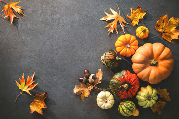Thanksgiving day or seasonal autumnal background with pumpkins and fallen leaves