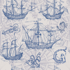 Old caravel, vintage sailboat, sea monster. Vector seamless pattern