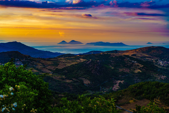 Beautiful sunset from Montalbano Elicona, view of Aeolian Islands, Sicily Italy.
