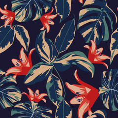Flowers and leaves seamless dark blue background - 174951243